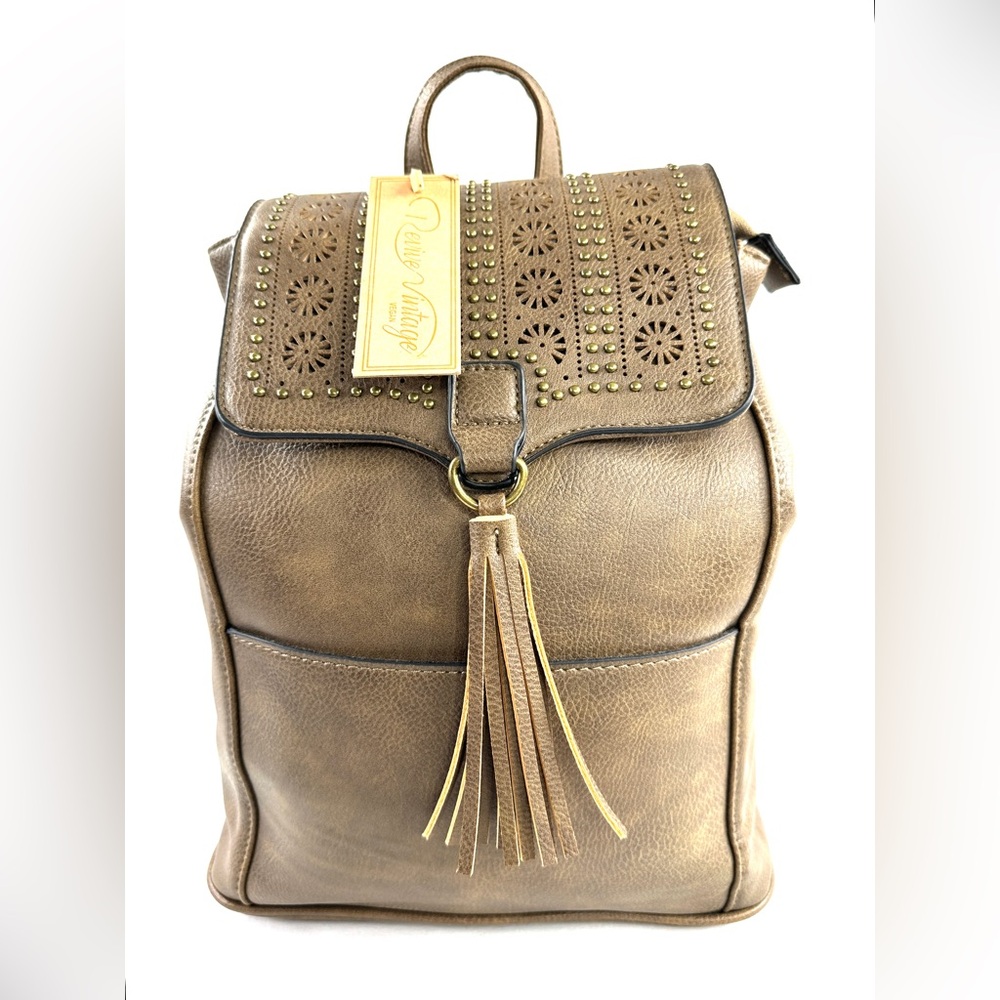 Revive Vintage Brown Faux Leather Backpack Brass Studded Tassel Perforated NWT